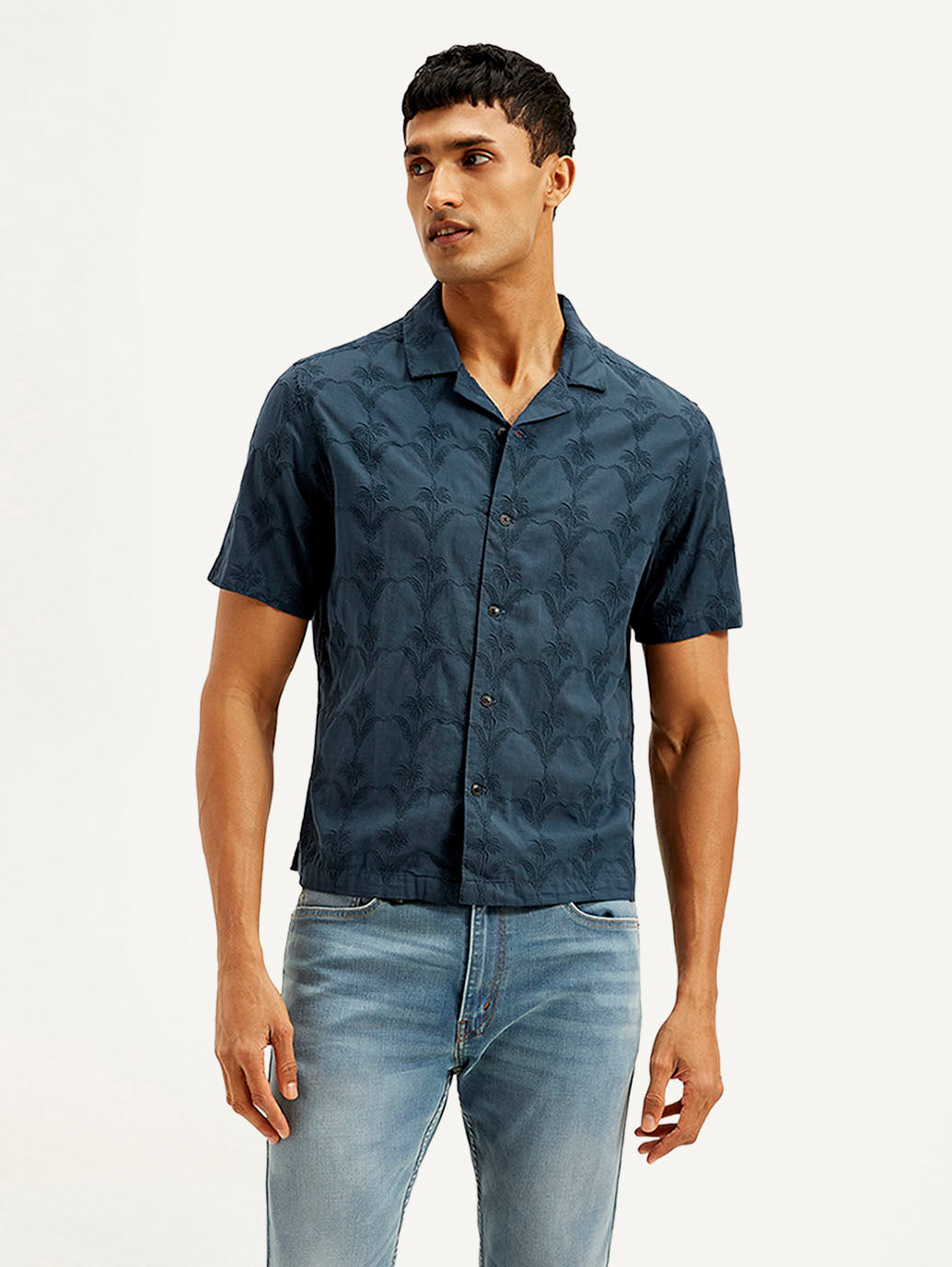Men's Embroidered Resort Collar Relaxed Fit Shirt - Front View