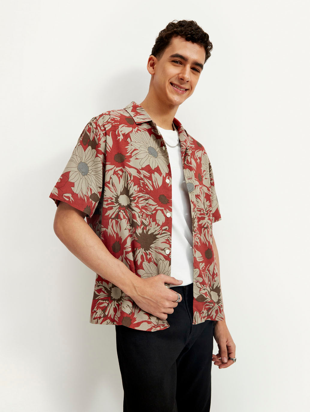 Men's Resort Collar Floral Relaxed Fit Linen Shirt