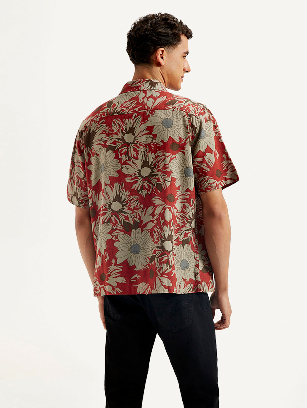 Men's Resort Collar Floral Relaxed Fit Linen Shirt - Back View