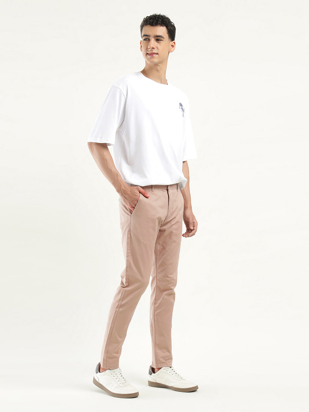 Men's Peach Slim Tapered Fit Trousers - Front View