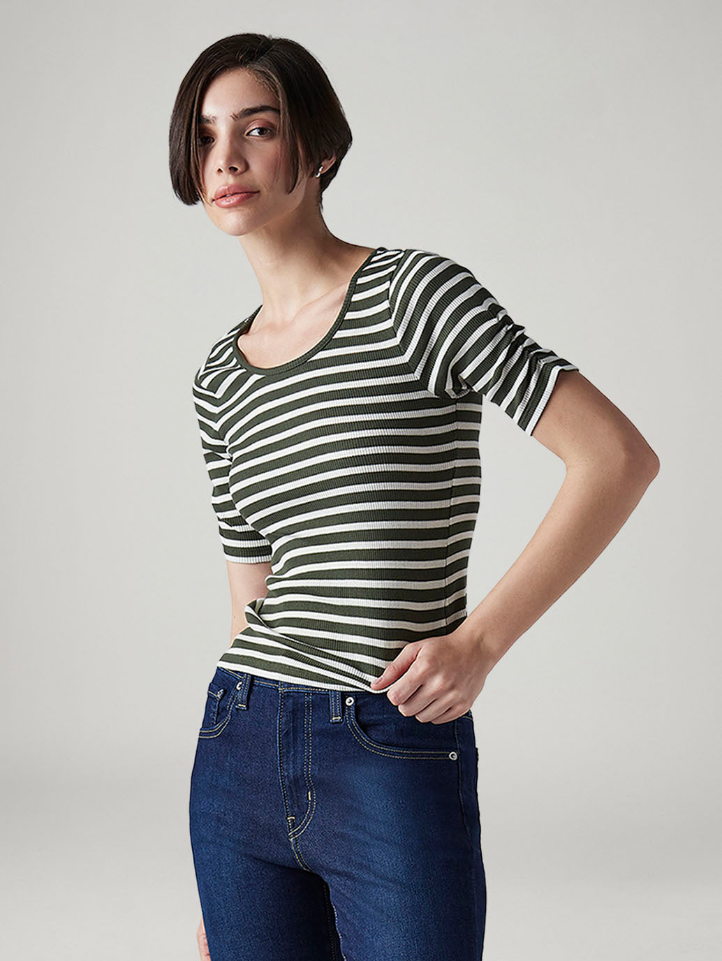 Women's Striped Olive Scoop Neck Top