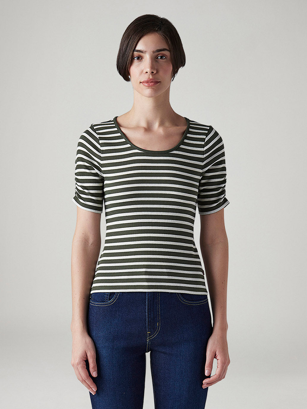 Women's Striped Olive Scoop Neck Top - Front View