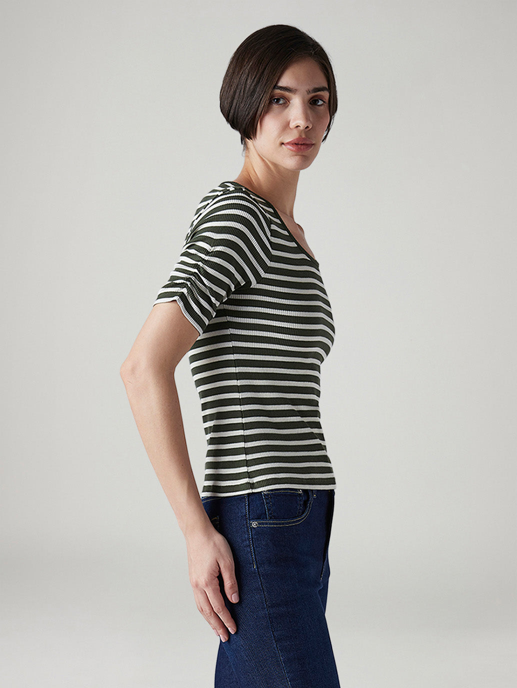 Women's Striped Olive Scoop Neck Top - Side View