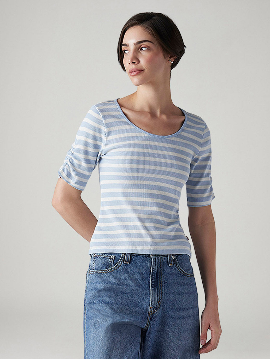 Women's Striped Light Blue Scoop Neck Top