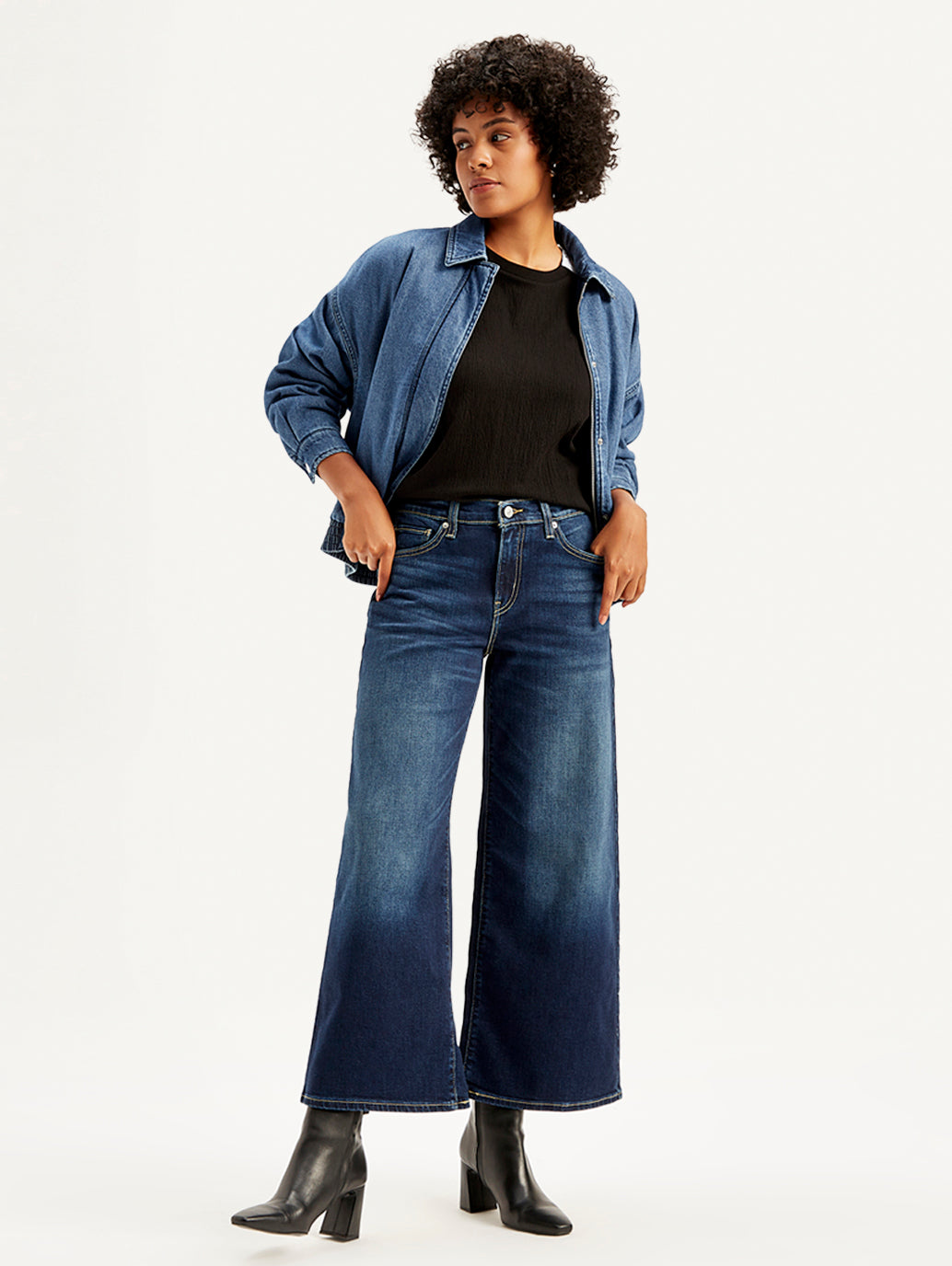 Women's 94 Indigo Baggy Wide Leg Fit Mid Rise Jeans - Styleshot View