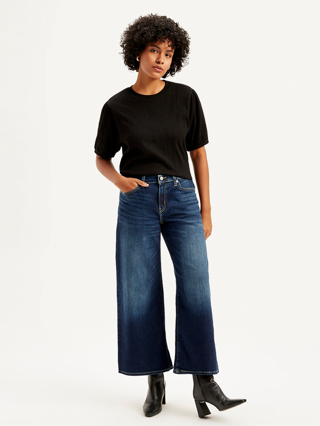 Women's 94 Indigo Baggy Wide Leg Fit Mid Rise Jeans - Front View