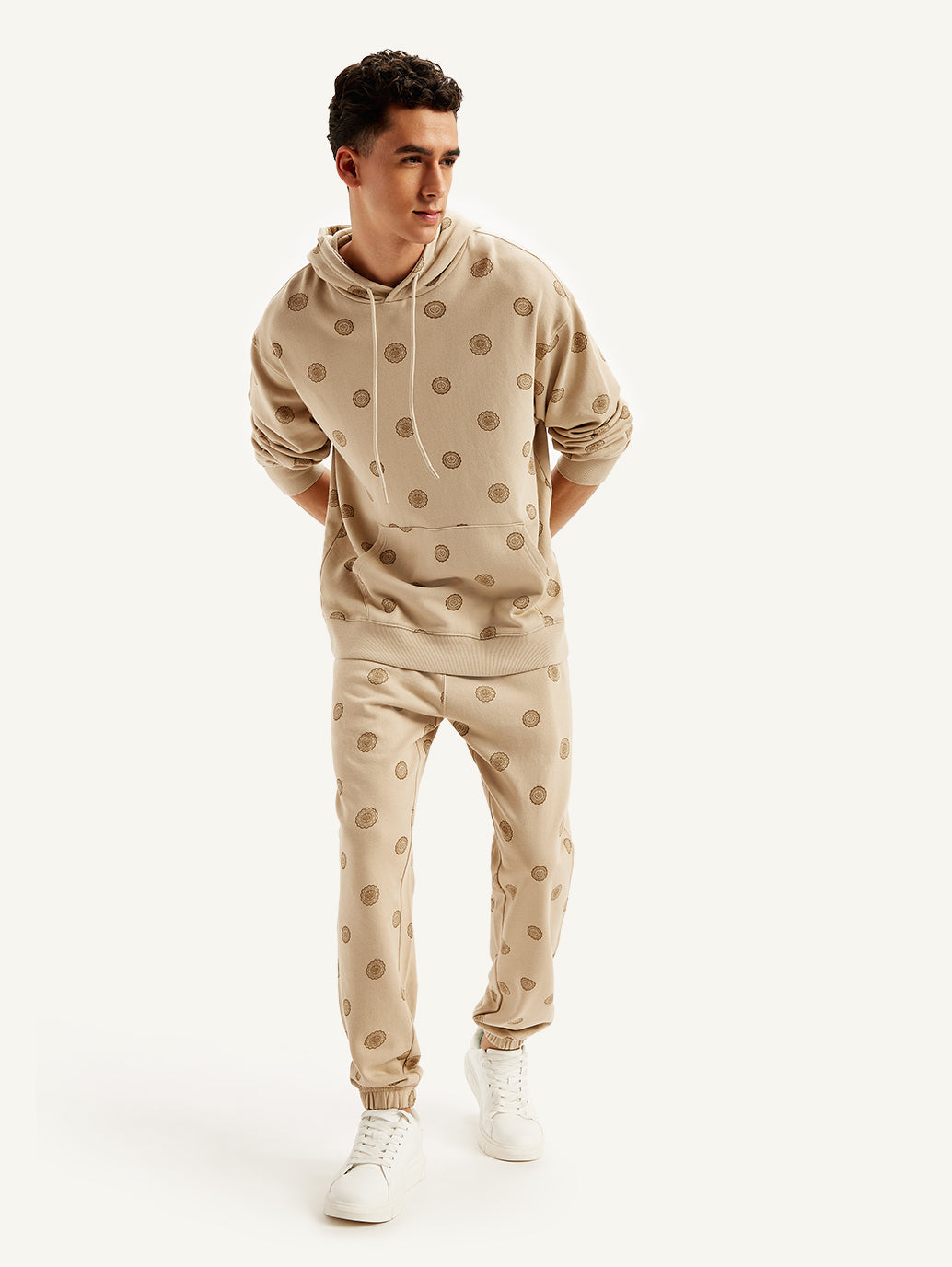 Men's Beige Regular Fit Joggers - Elevated View