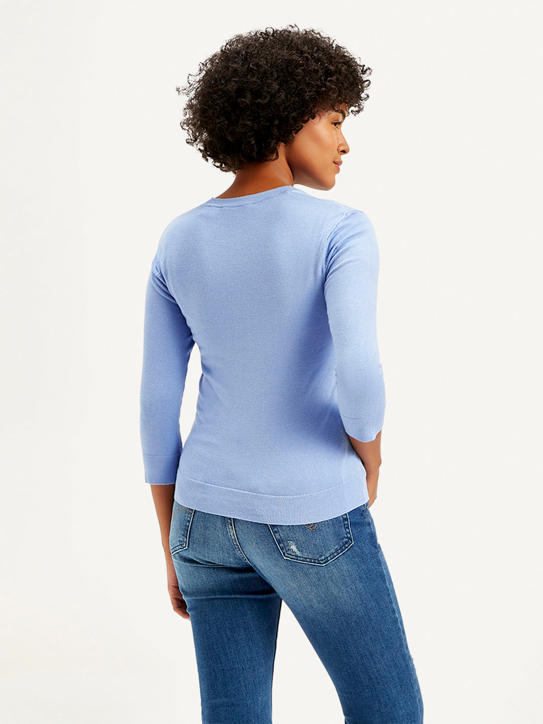 Women's Solid Light Blue Crew Neck Sweater - Back View