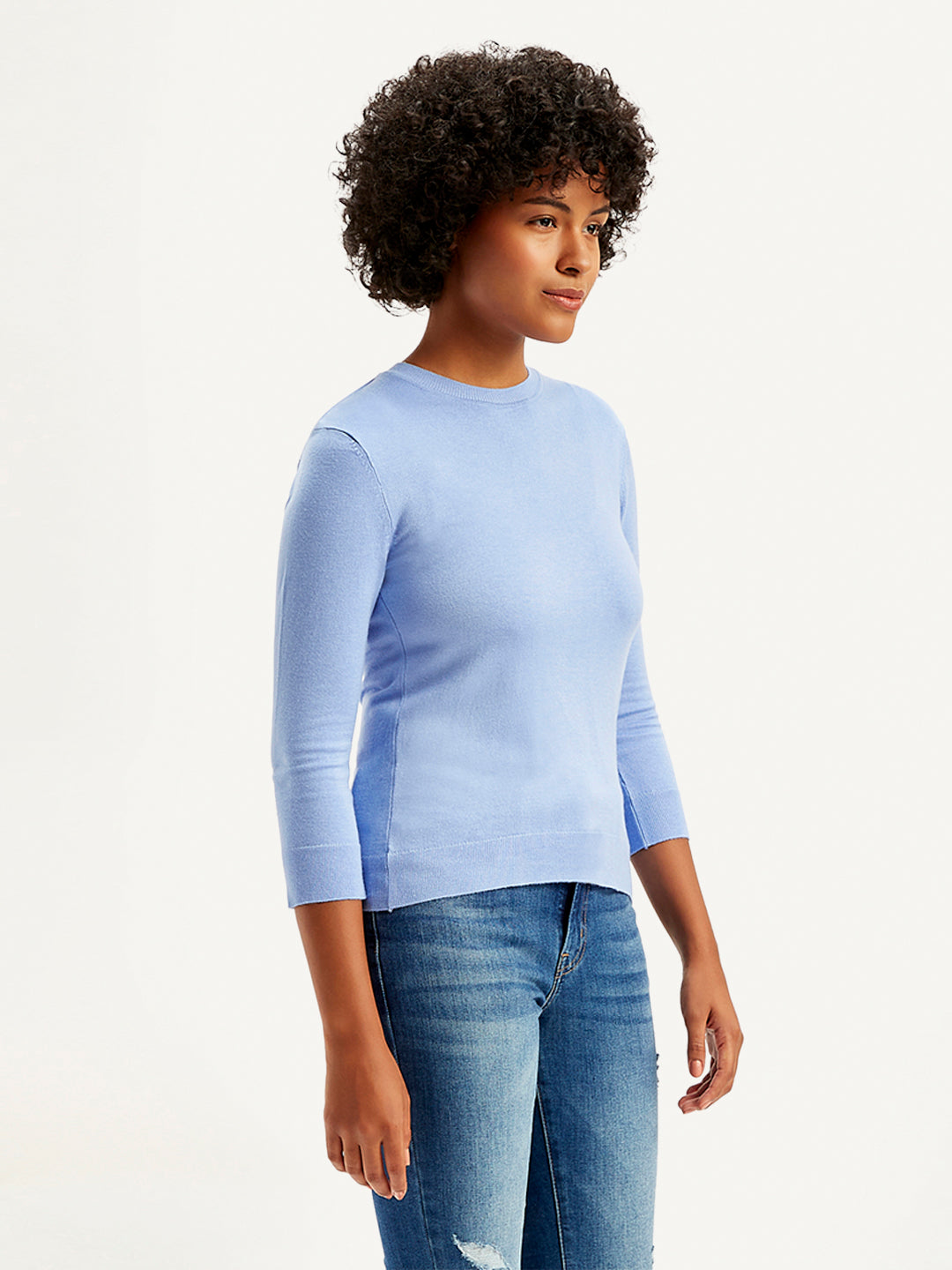 Women's Solid Light Blue Crew Neck Sweater - Side View