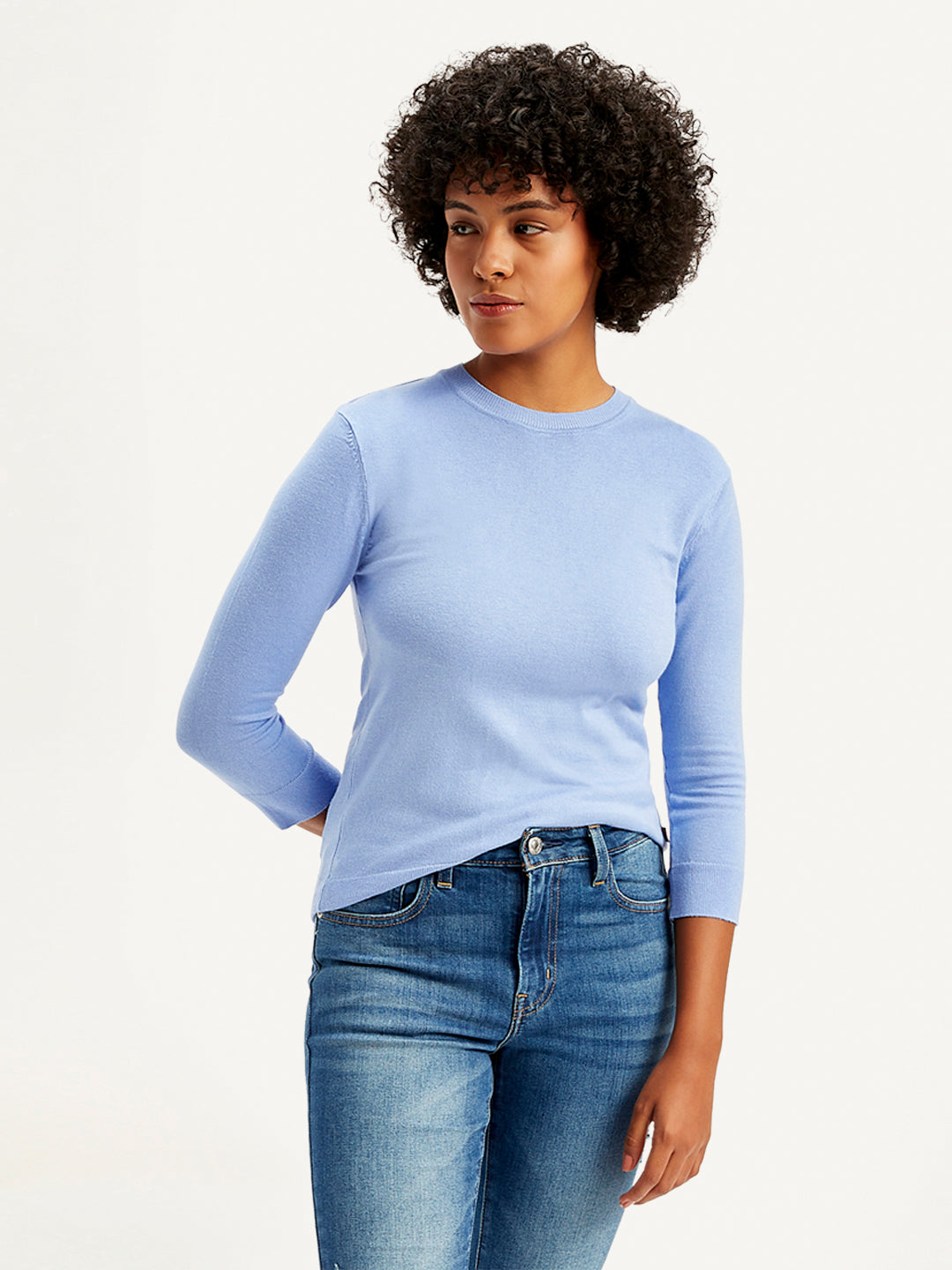 Women's Solid Light Blue Crew Neck Sweater - Styleshot View