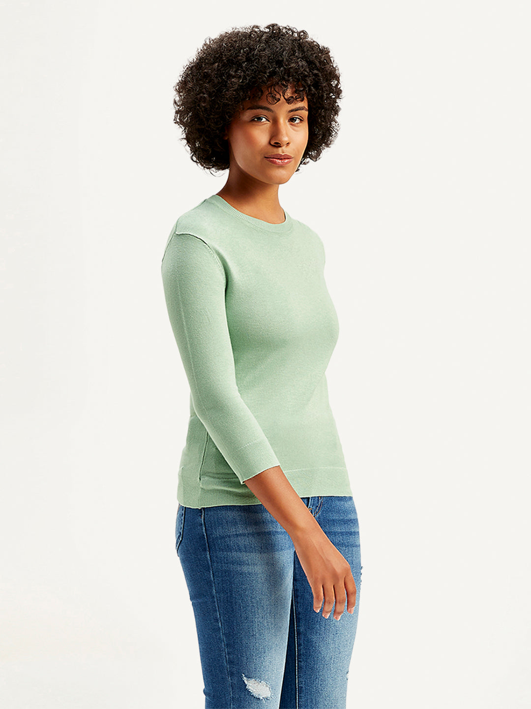 Women's Solid Green Crew Neck Sweater - Side View