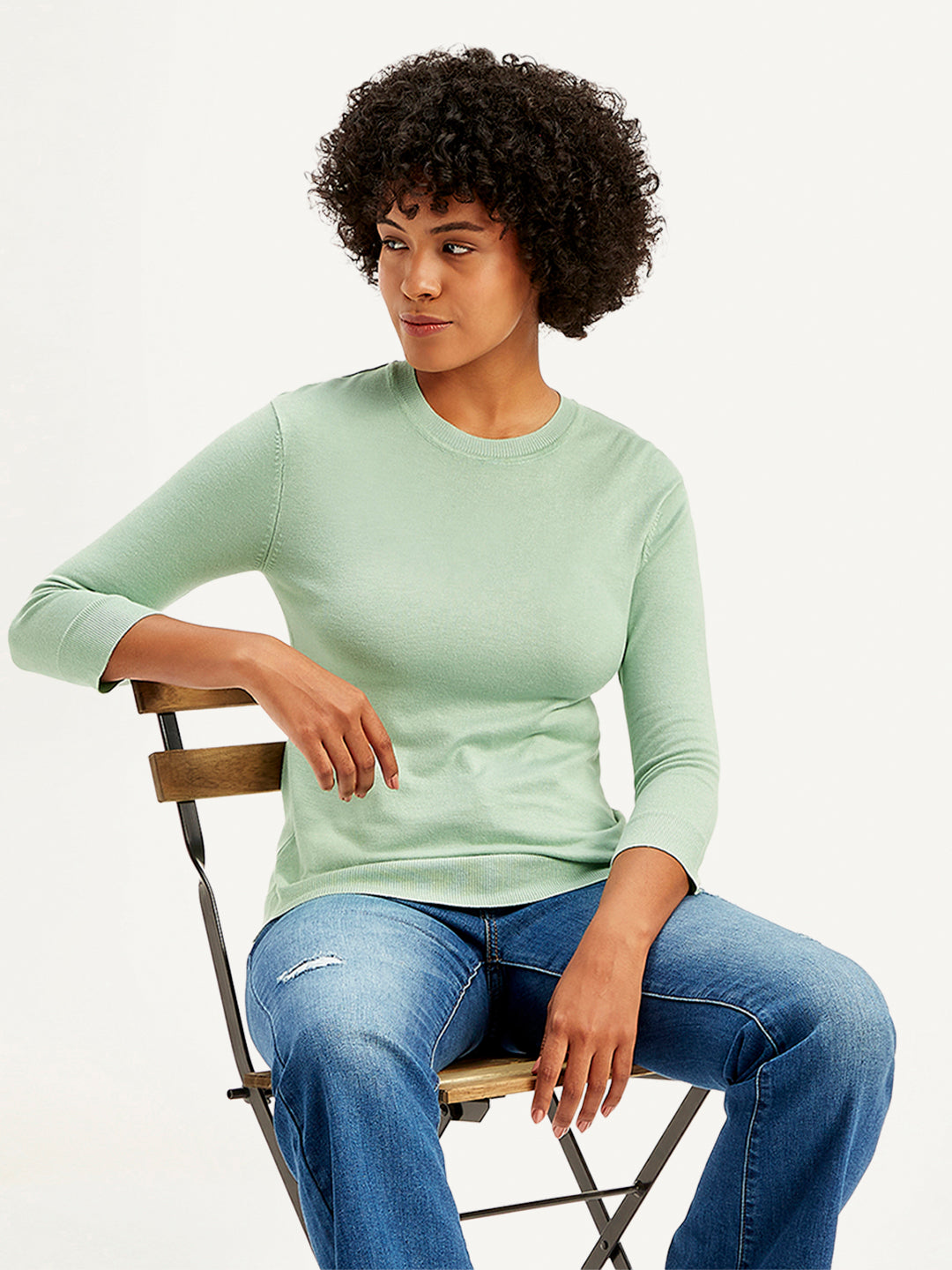 Women's Solid Green Crew Neck Sweater - Styleshot View