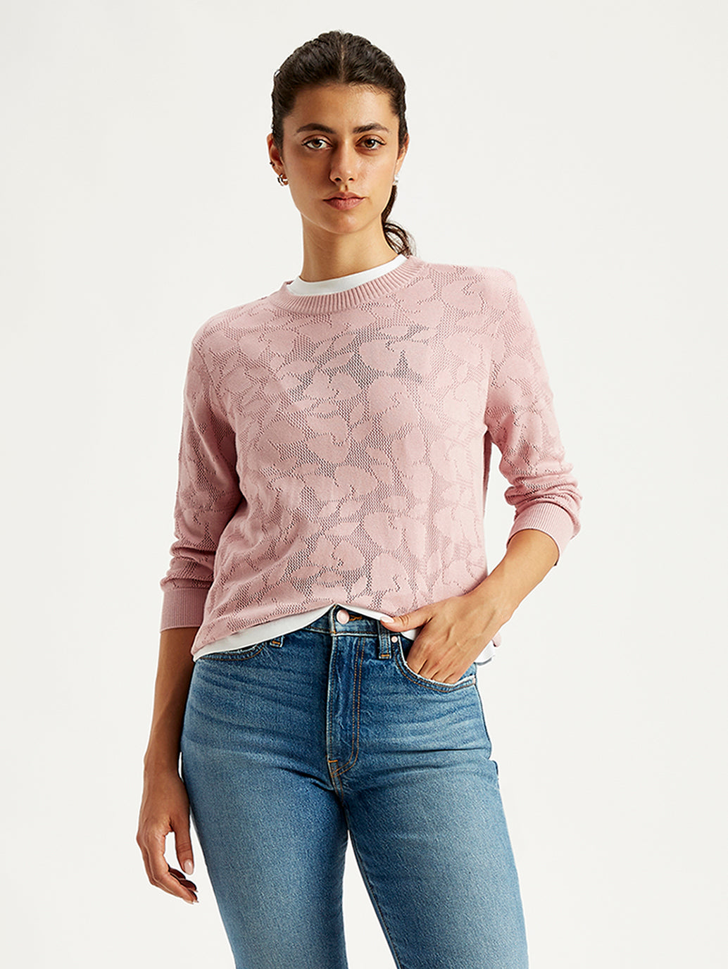 Women's Self Design Light Pink Crew Neck Sweater - Styleshot View