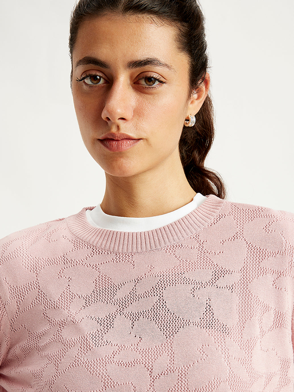 Women's Self Design Light Pink Crew Neck Sweater - Details View