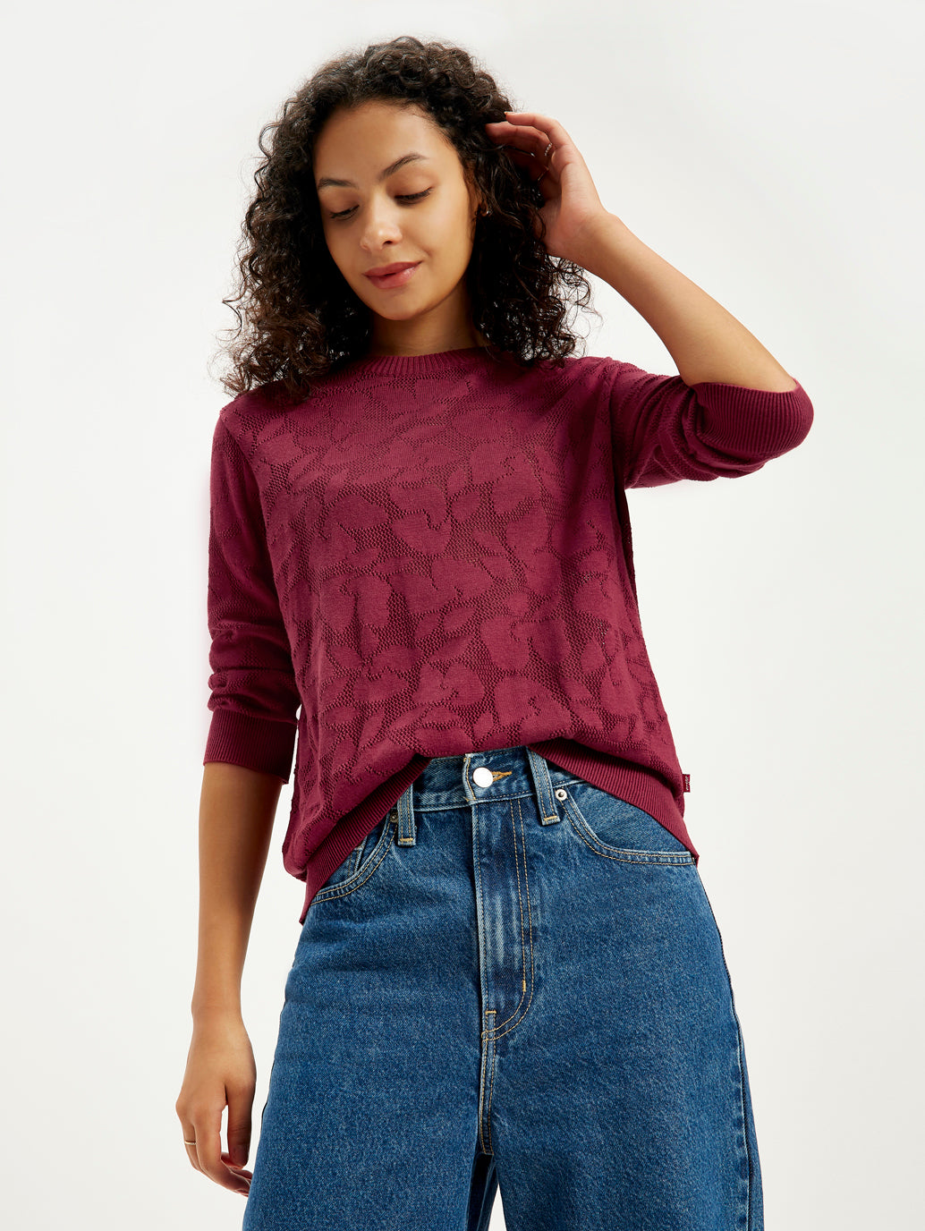 Women's Self Design Maroon Crew Neck Sweater - Elevated View