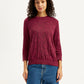 Women's Self Design Maroon Crew Neck Sweater - Front View