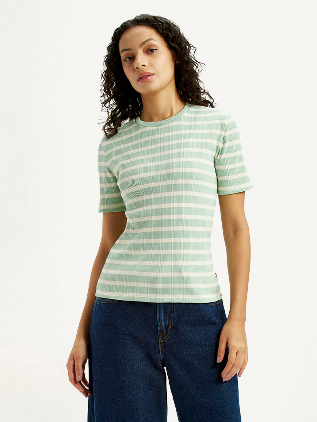 Women's Striped Light Green Slim Fit T-shirt