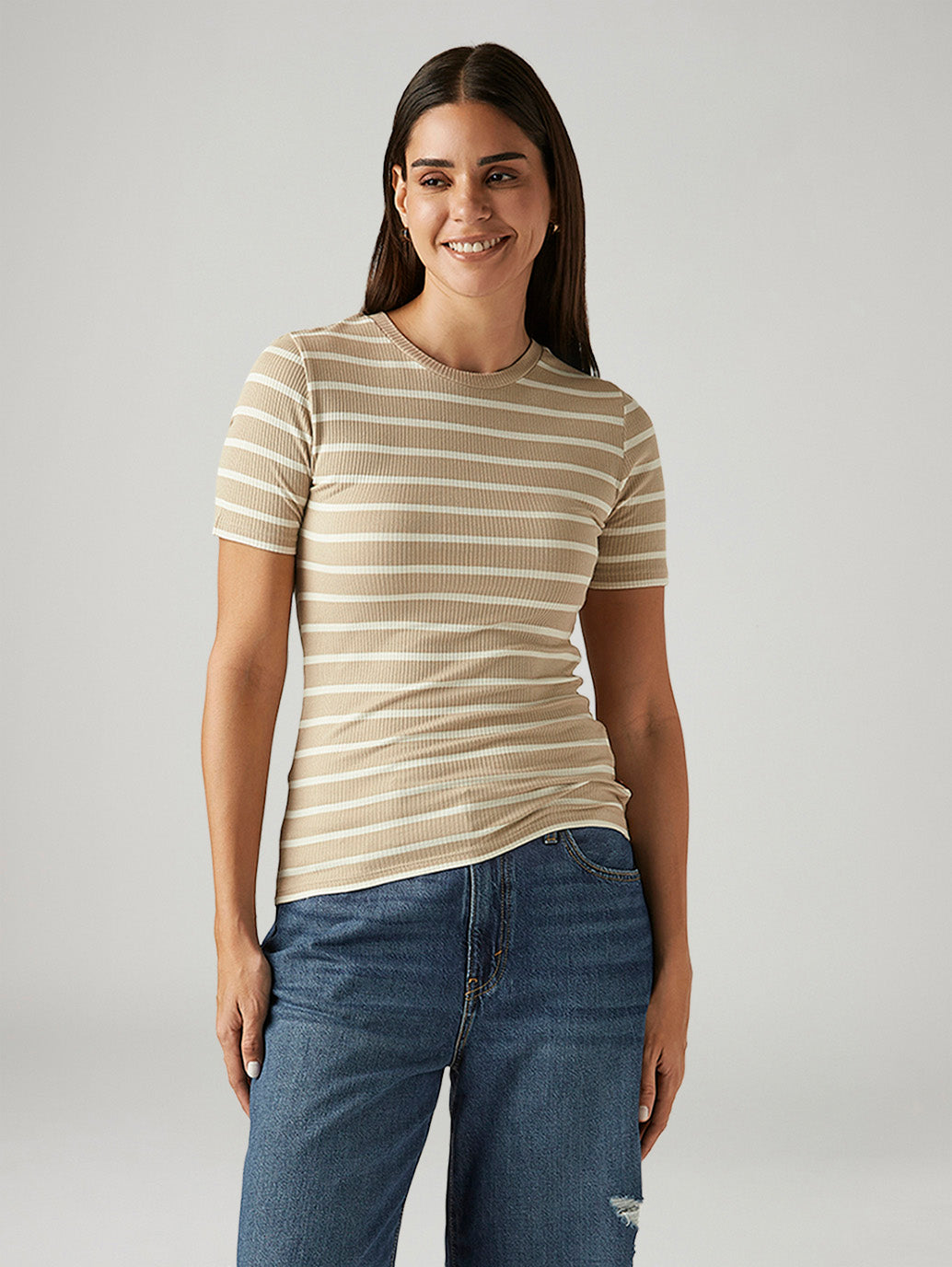 Women's Striped Beige Slim Fit T-shirt