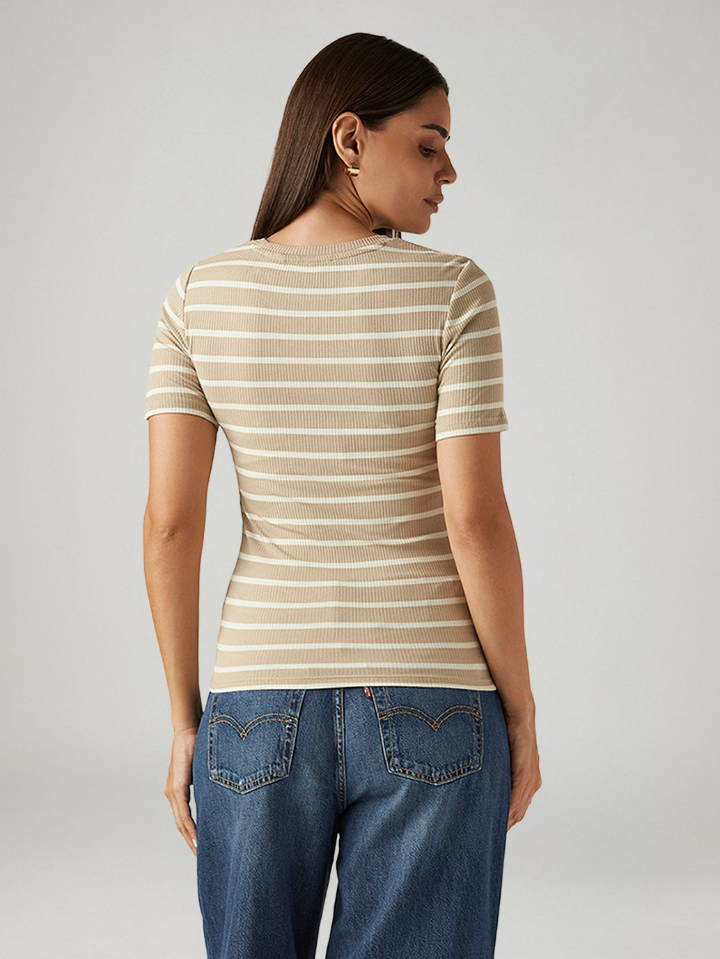 Women's Striped Beige Slim Fit T-shirt - Back View