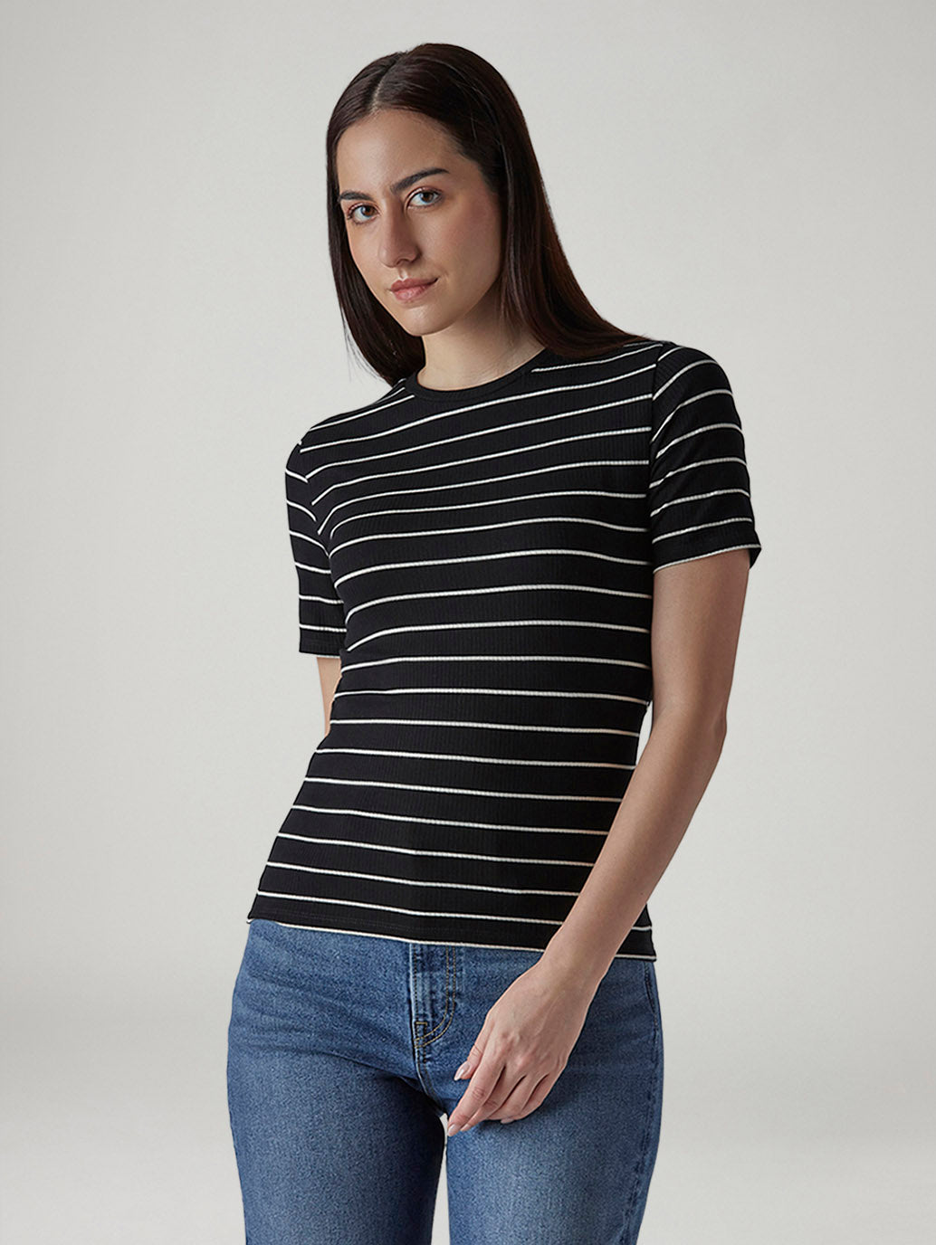 Women's Striped Black Slim Fit Ribbed T-shirt - Front View