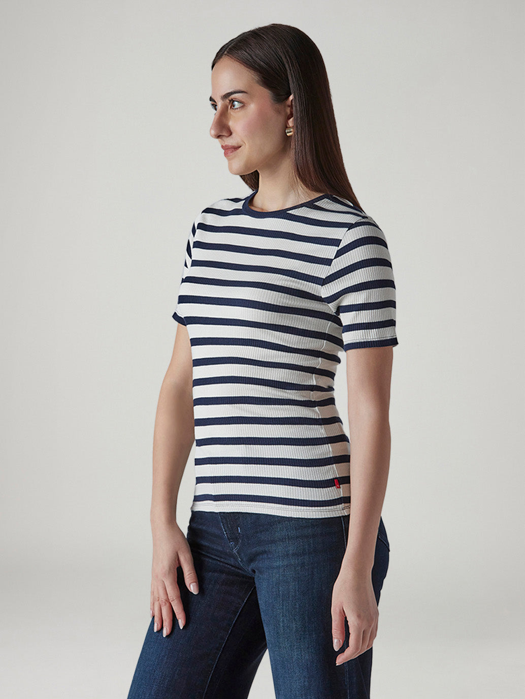 Women's Striped White Slim Fit Ribbed T-shirt - Side View