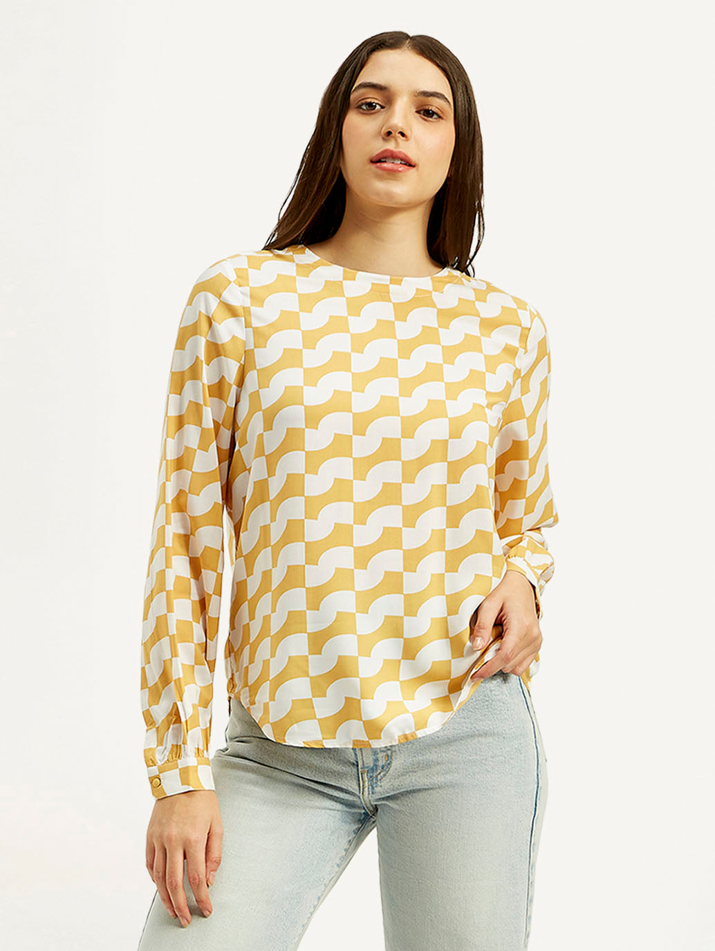 Women's Geometric White Round Neck Top - Front View