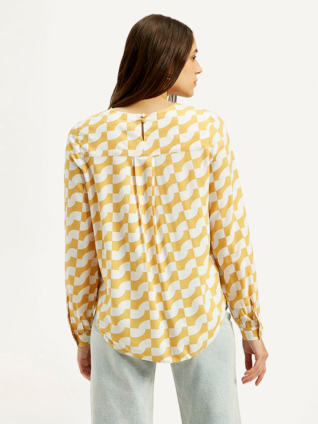 Women's Geometric White Round Neck Top - Back View