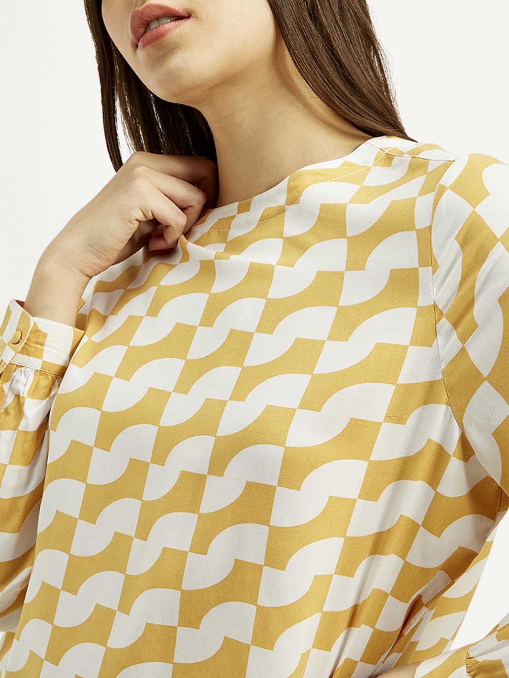 Women's Geometric White Round Neck Top - Detail View