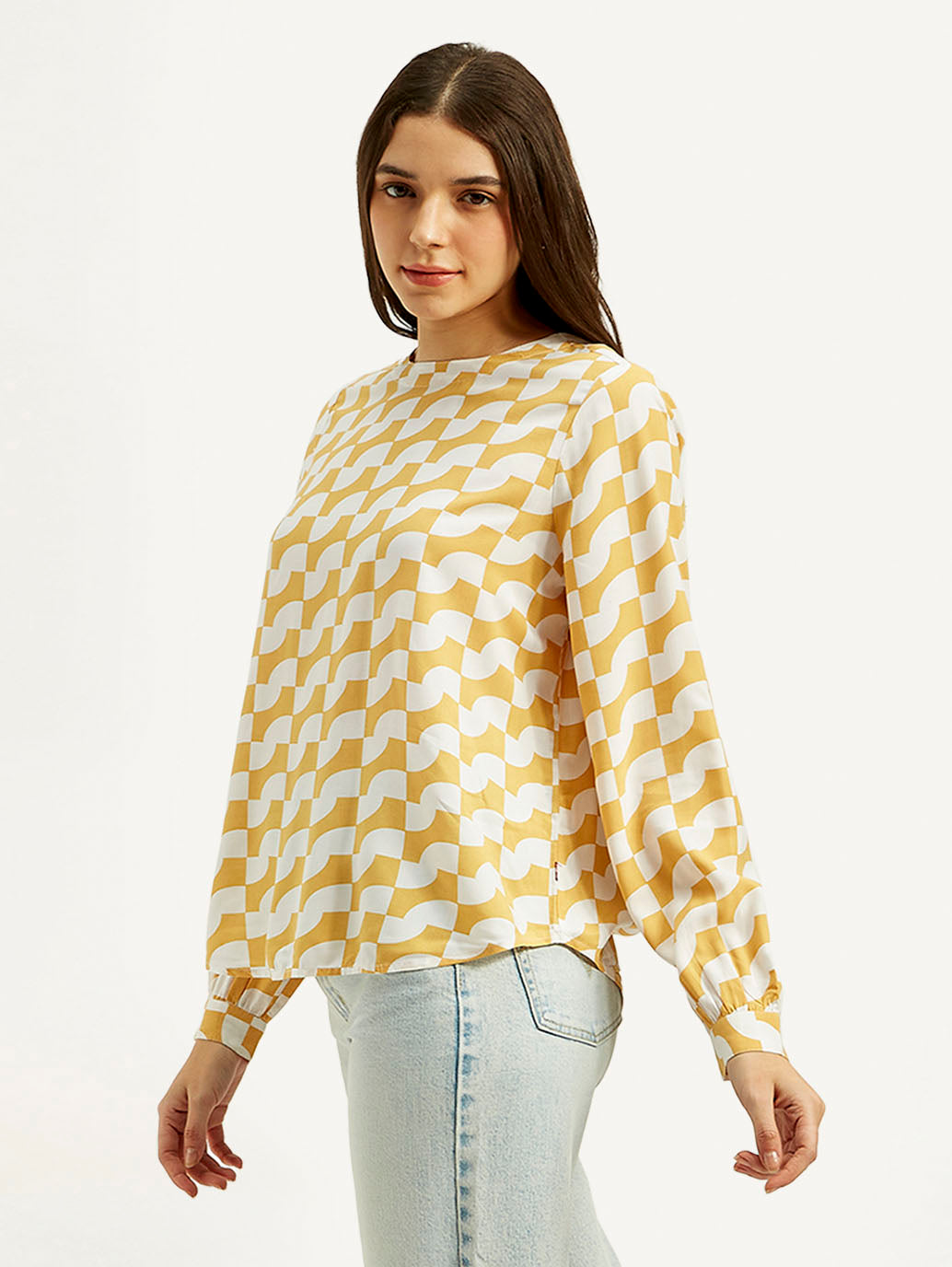 Women's Geometric White Round Neck Top - Side View