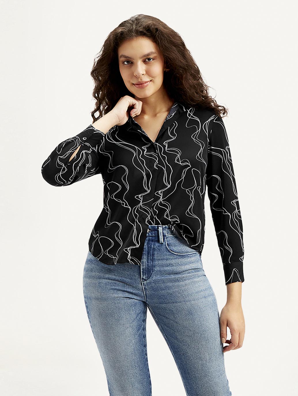 Women's Abstract Spread Collar Shirt - Styleshot View
