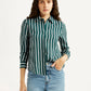 Women's Striped Green Spread Collar Shirt - Styleshot View