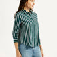 Women's Striped Green Spread Collar Shirt - Side View