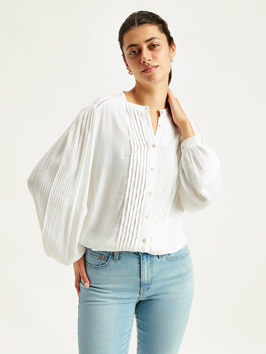Women's Self Design Band Neck Top - Elevated View