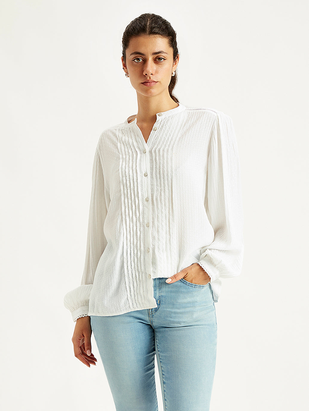 Women's Self Design Band Neck Top - Front View