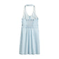 Women's Solid Light Blue Crew Neck Denim Dress - 2 View