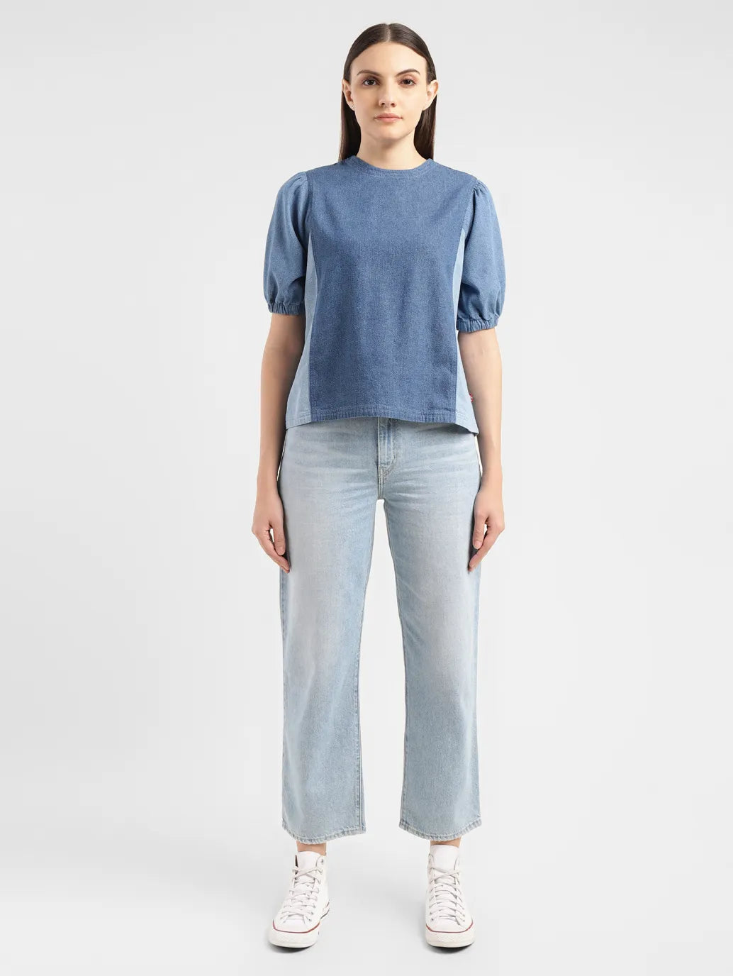 Women's Colorblock Indigo Round Neck Denim Top - 02659bc1-240e-4308-887d-4e2b3252a0bf View