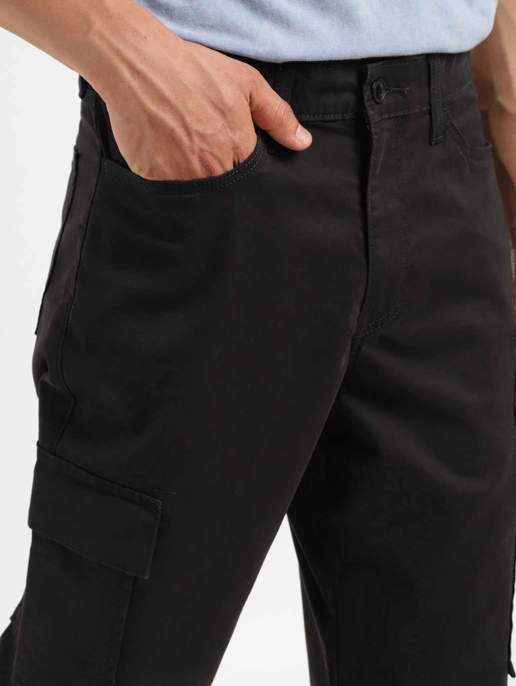 Men's Black Loose Fit Cargo Trousers - FrontDetails View