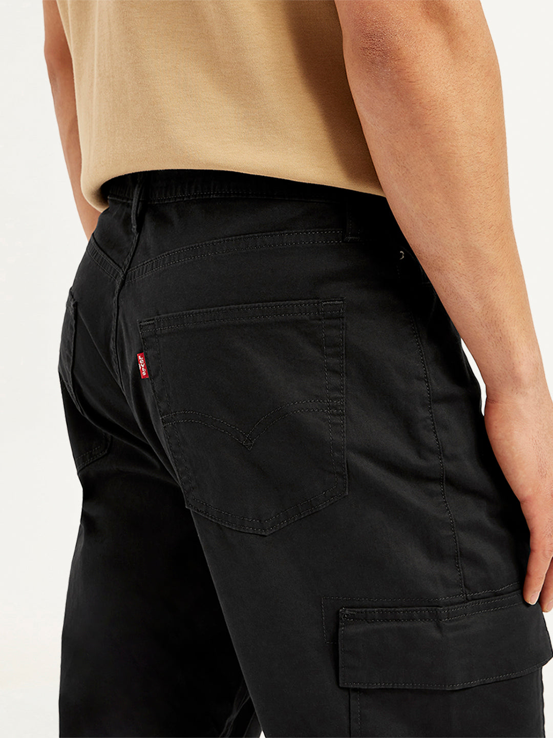 Men's Black Straight Fit Cargo Trousers - Detail View