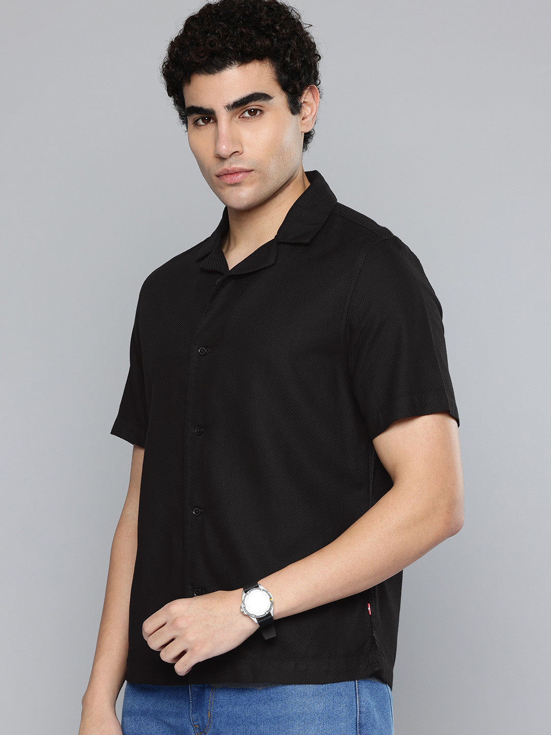 Men's Solid Black Spread Collar Shirt - d61d8e26051b46de936cf6d805d69702 View