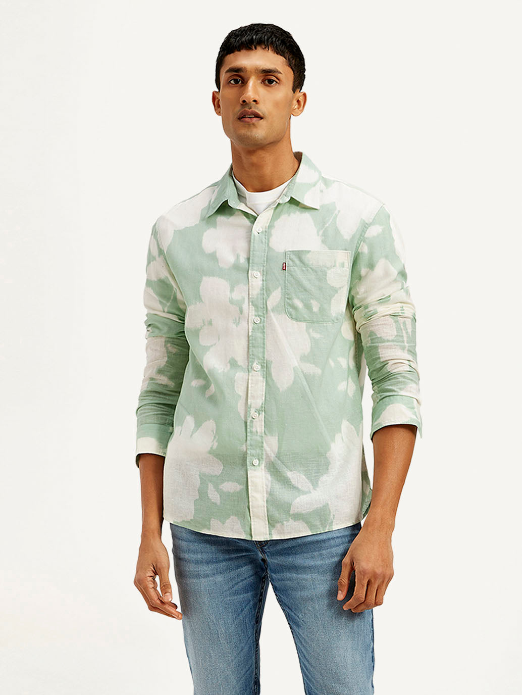 Men's Floral Slim Fit Linen Shirt - Front View