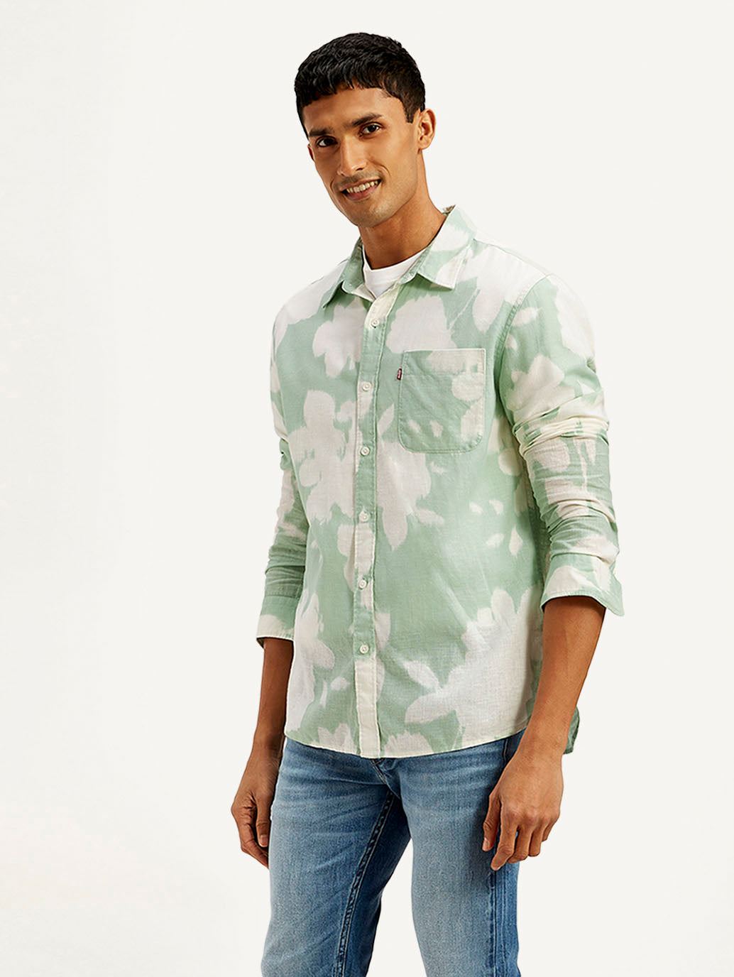 Men's Floral Slim Fit Linen Shirt - Side View