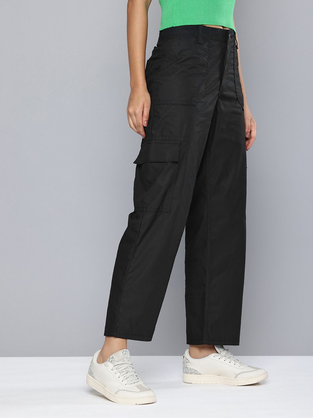 Women's Mid Rise Black Cargo Trousers - a81afc427535920005fc8ed094e18590 View