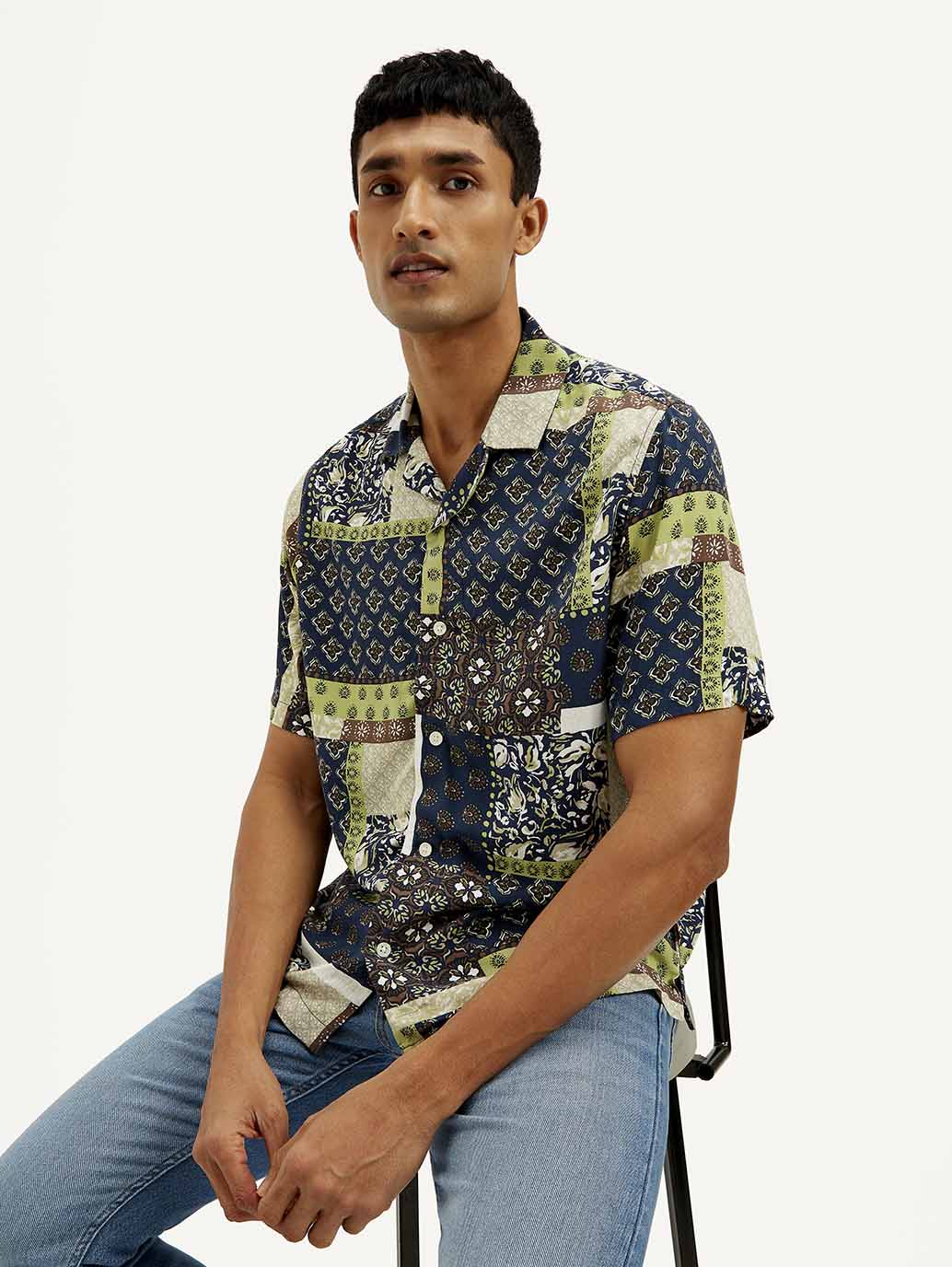 Men's Resort Collar Ethnic Motif Relaxed Fit Shirt - Elevated View