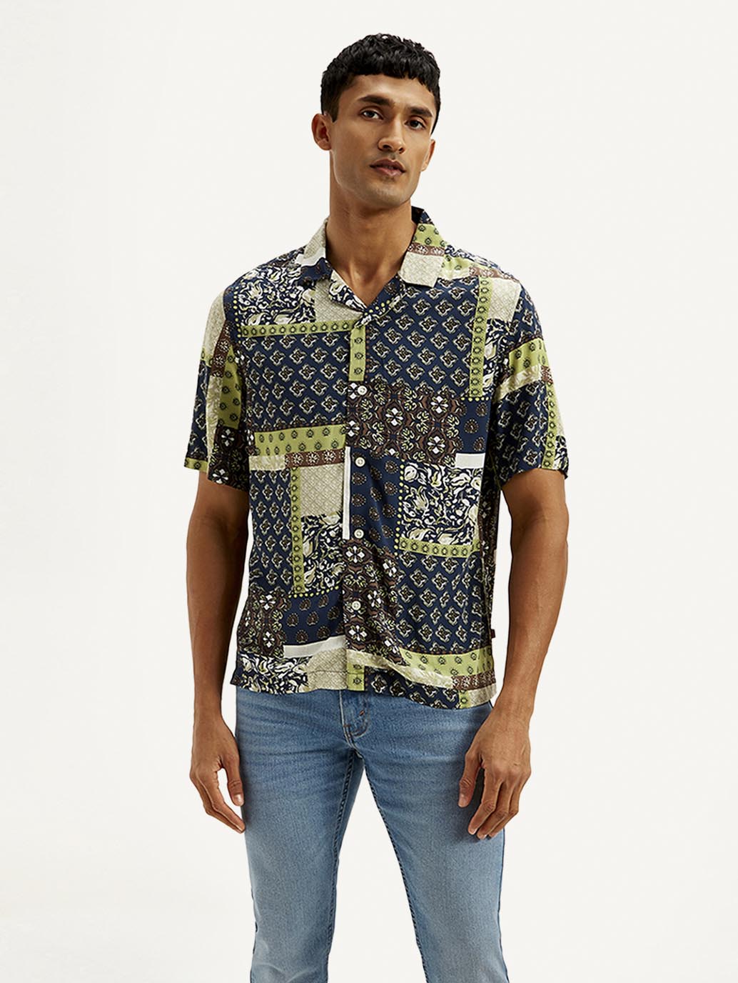 Men's Resort Collar Ethnic Motif Relaxed Fit Shirt - Front View