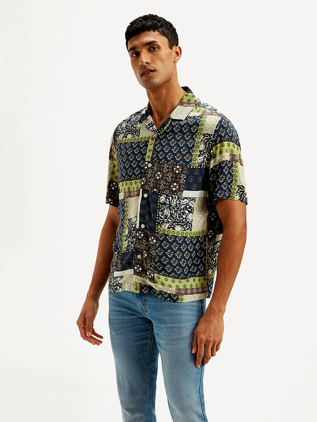 Men's Resort Collar Ethnic Motif Relaxed Fit Shirt - Side View