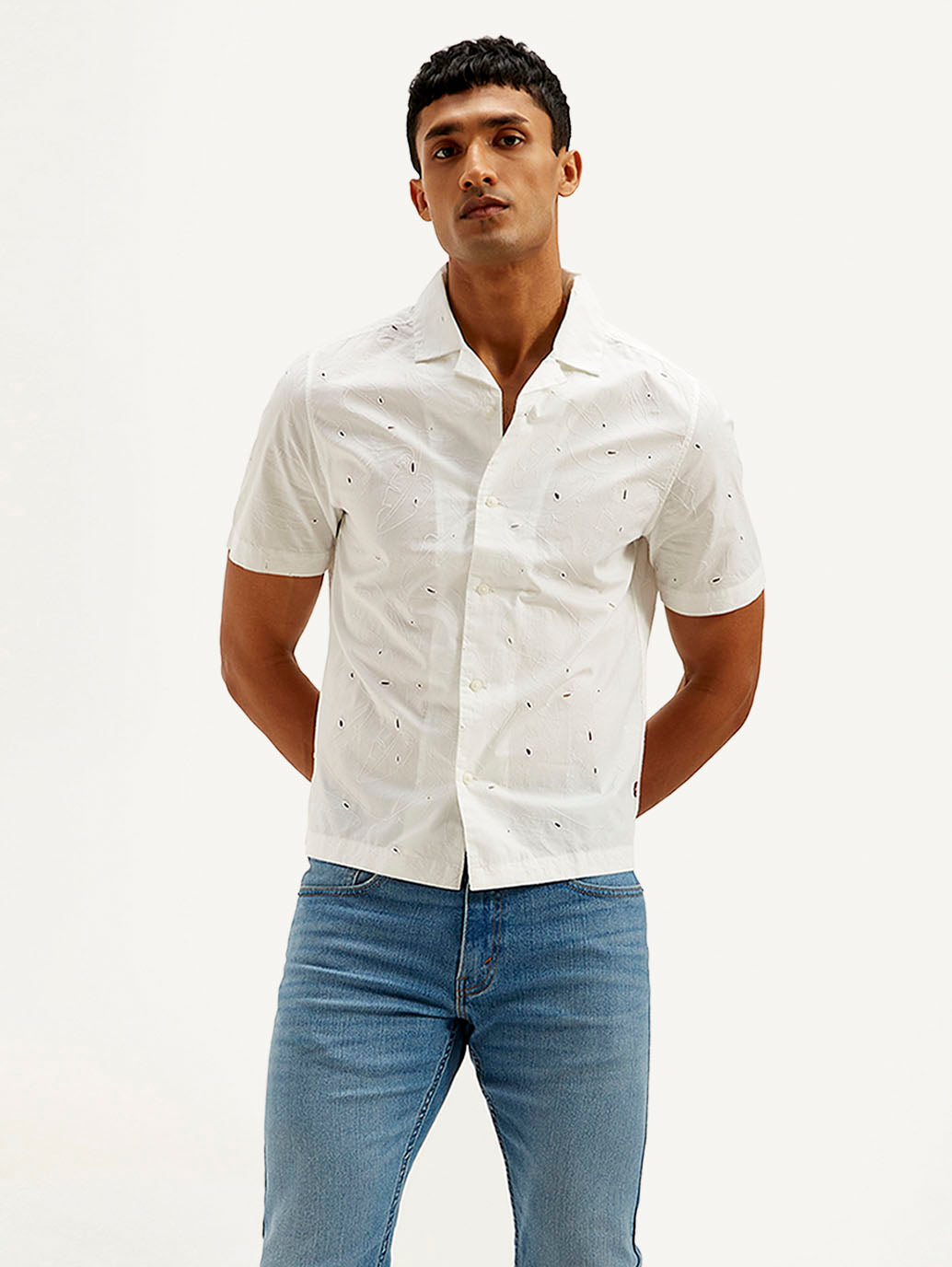 Men's Resort Collar Embroidered Relaxed Fit Shirt - Styleshot View