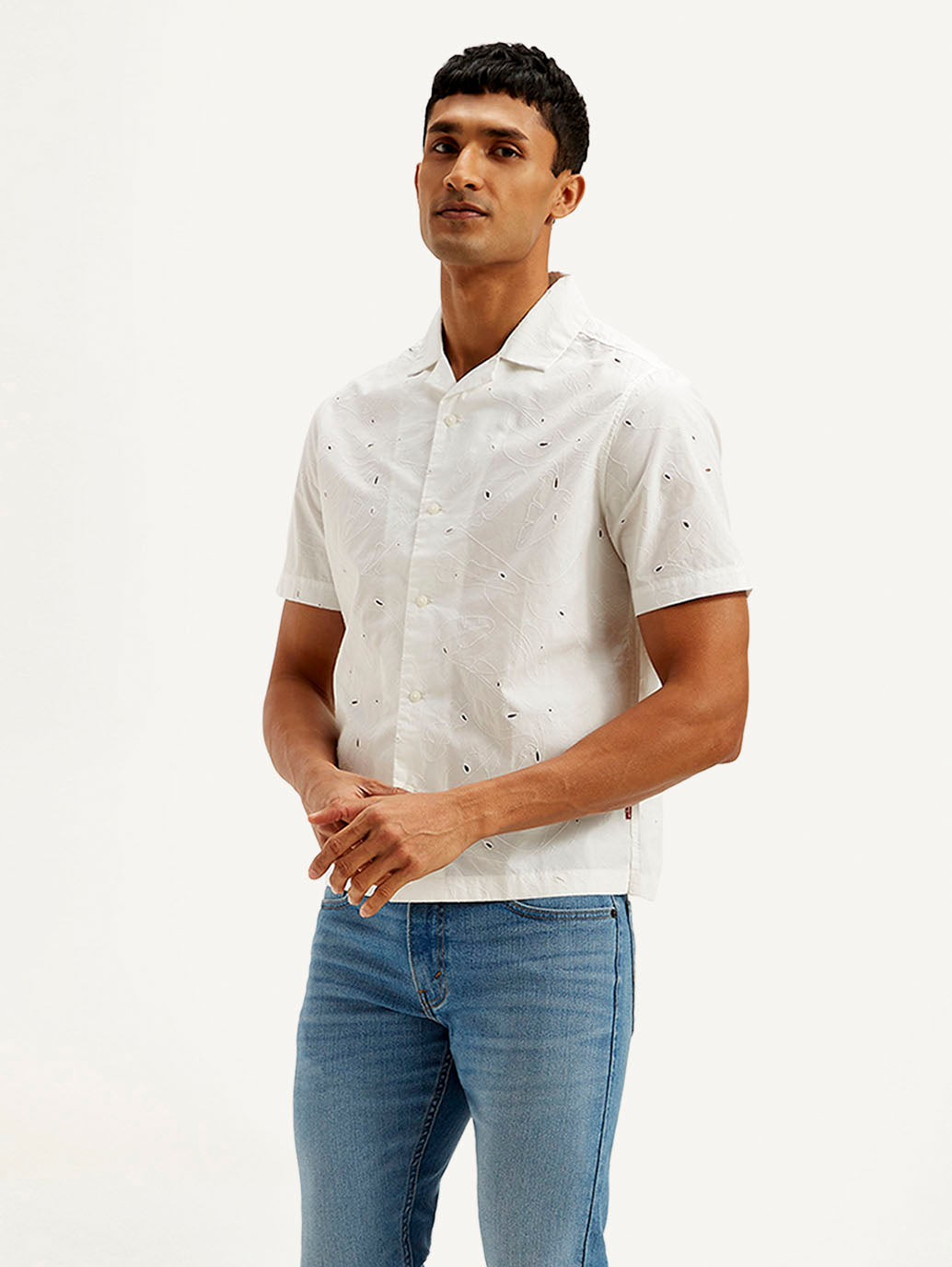 Men's Resort Collar Embroidered Relaxed Fit Shirt - Side View