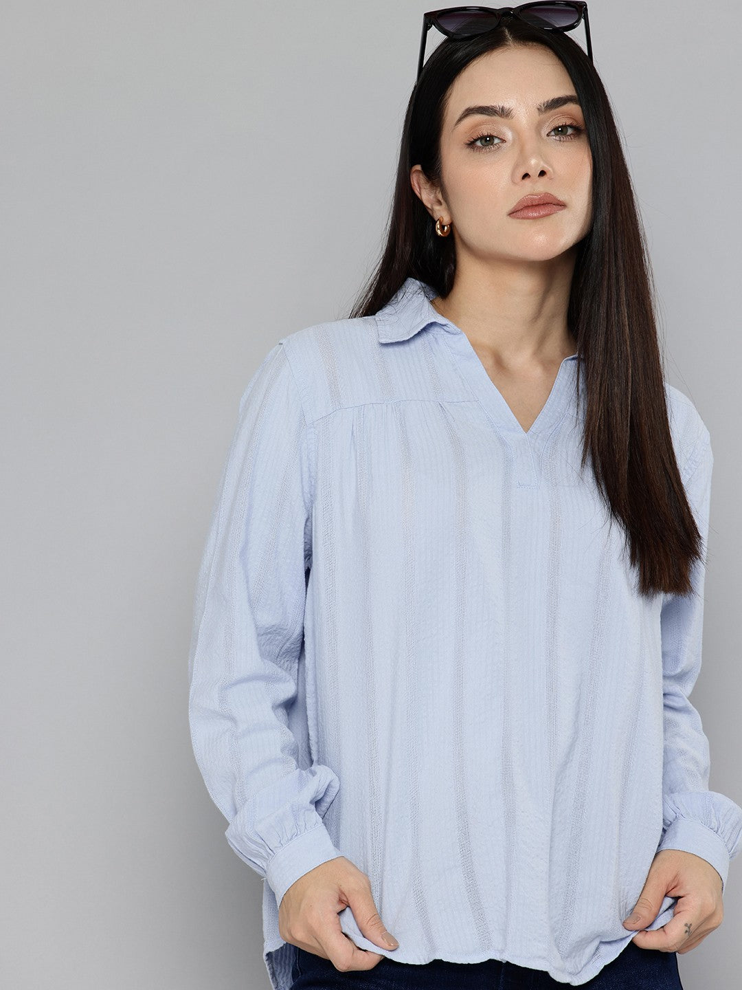 Women's Striped Blue Spread Collar Top - abcf0d3a-d667-4e79-8f54-5e9884009d821742379281857-Womens-Striped-Light-blue-Spread-Collar-Top-6231742379281332-1 View