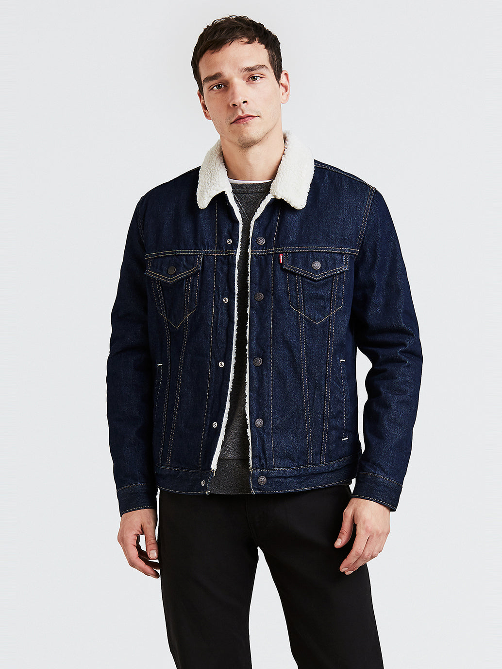 Men's Solid Dark Blue Shearling Jacket - 63ae27c3-4749-4a0b-8d90-8f3ae4662433 View