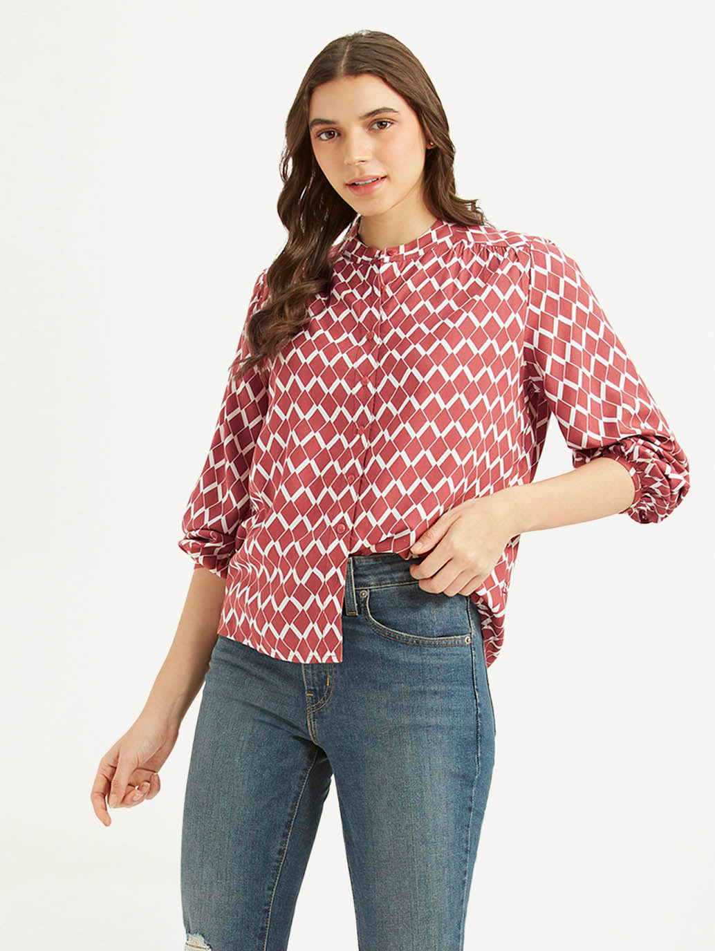 Women's Geometric Red Band Neck Top - c996d732741875902006ebc0302f3c3d View